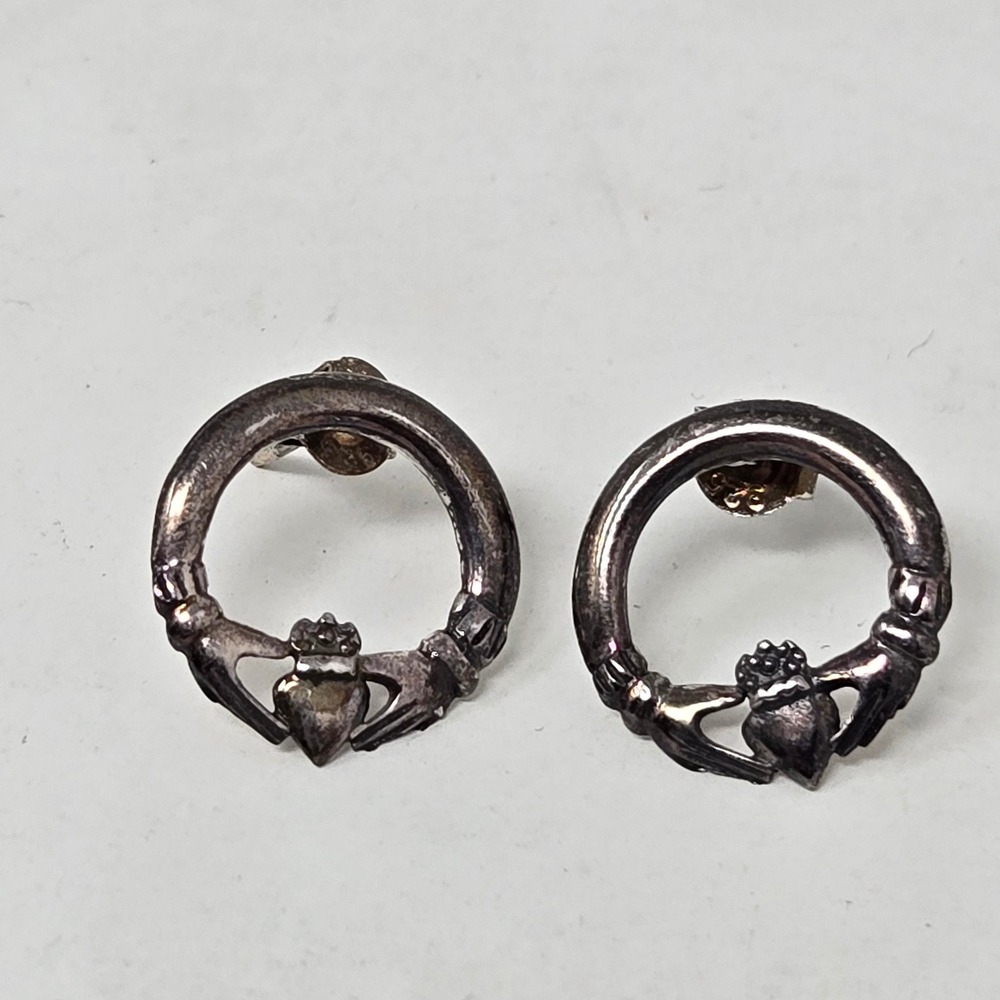 Vintage Sterling Silver Claddagh Hoop Stud Earring Irish Love Loyalty Friendship